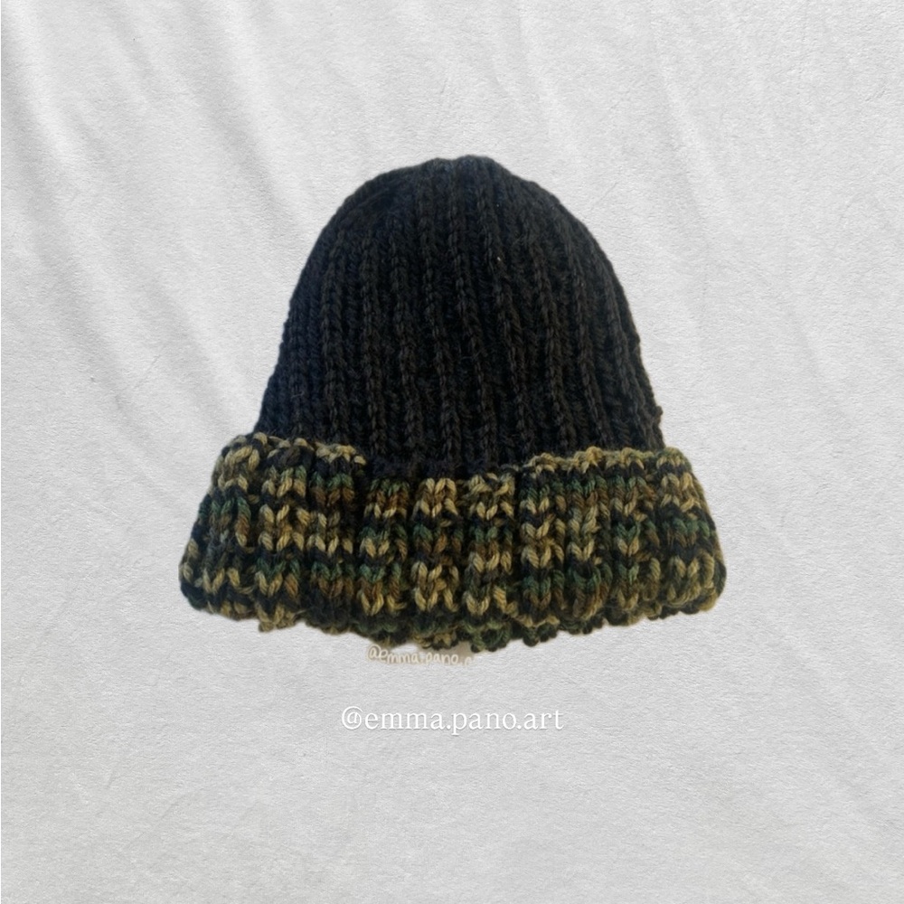 camo and black ribbed hand knit fisherman beanie